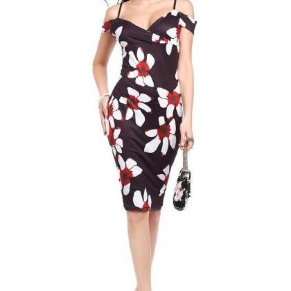 Women Floral Printed Pencil Dress Summer Off The..