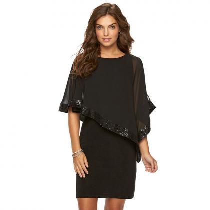 Women Pencil Dress Scoop Asymmetric Sequin..