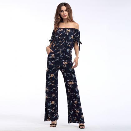 Off-the-shoulder Floral Print Casual Long Wide Leg..