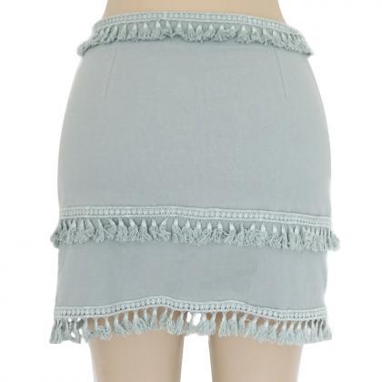Women Mini Skirt Tassel Patchwork C..