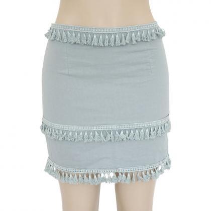 Women Mini Skirt Tassel Patchwork C..