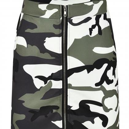 Women Camouflage Mini Skirt Front Zipper High..