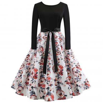 Vintage Floral Printed Dress Autumn Long Sleeve Belted Rockabilly ...