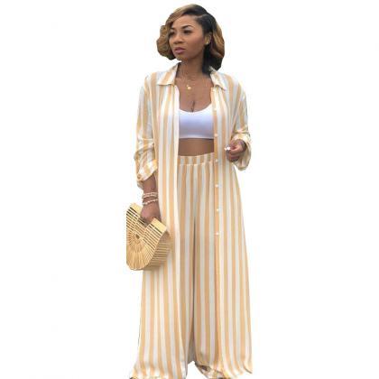 Women Striped Two Pieces Set Casual..