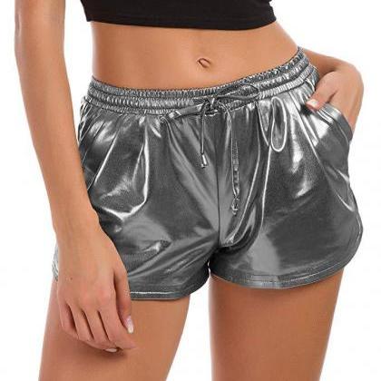 Women Metallic Shorts Shiny Drawstr..