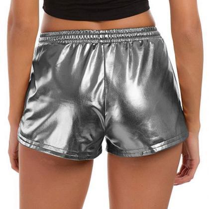 Women Metallic Shorts Shiny Drawstring High Waist..