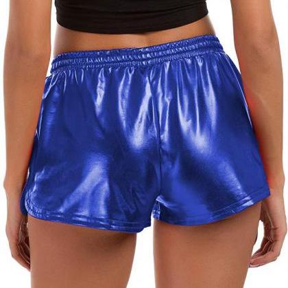  Women Metallic Shorts Shiny Drawst..