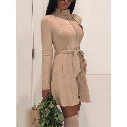  Women Faux Suede Trench Coat Sprin..
