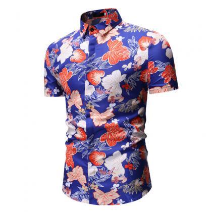 Men Floral Printed Shirt Summer Beach Short Sleeve..