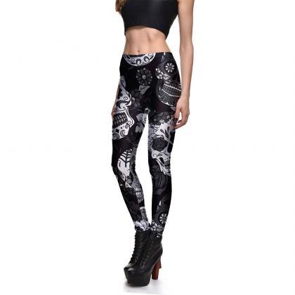 Women Skull Printed Leggings Mid Wa..