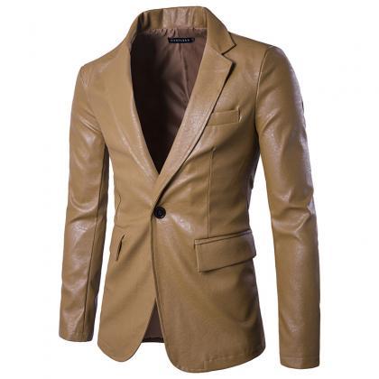 Men Blazer Jacket Pu Leather Slim Fit One Button..