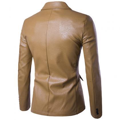 Men Blazer Jacket Pu Leather Slim Fit One Button..