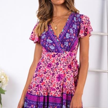 Women Floral Printed Dress Ruffle W..
