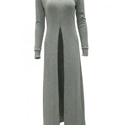 Women Long Sleeve Maxi Dress Front High Split..