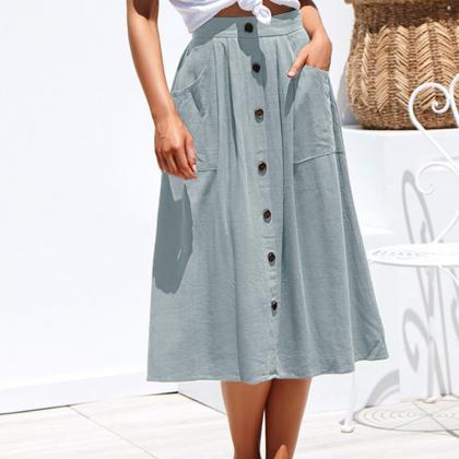 Women A-line Skirt High Waist Summer Casual Button..