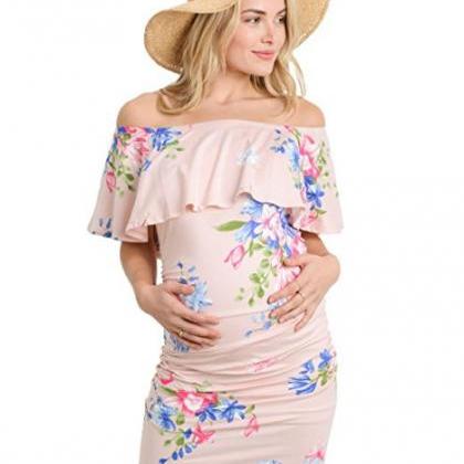 Women Maternity Dress Summer Off Shoulder Floral..