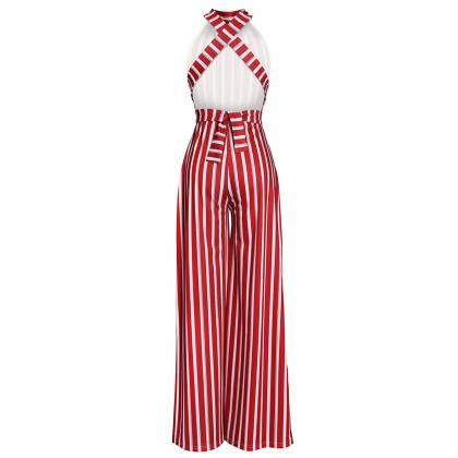 Women Striped Jumpsuit Casual Loose Backless Party..