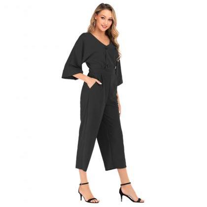 Women Wide Leg Jumpsuit Summer V-neck Bat Half..