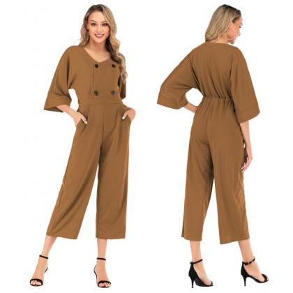 Women Wide Leg Jumpsuit Summer V-neck Bat Half..