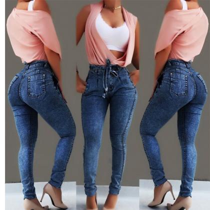 Women Jeans High Waist Bodycon Tassel Belted..