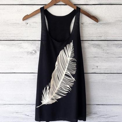 Women Tank Top Feather Printed Summ..