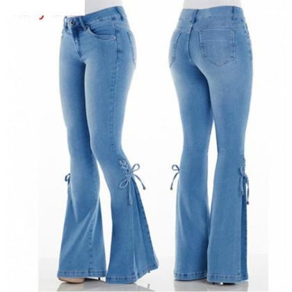 Women Flare Jeans Bandage Mid Waist..