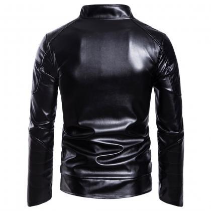  Men PU Leather Jacket Classic Moto..