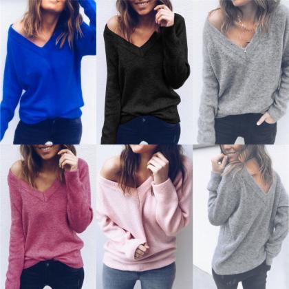  Women V-Neck Blouse Long Sleeve Lo..