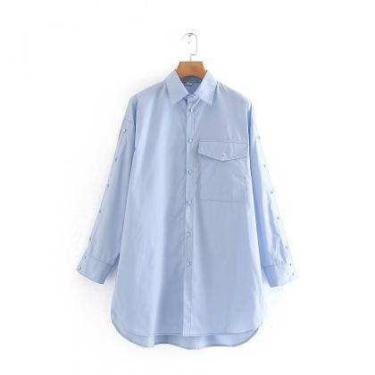 Women Spring Shirt Lapel Long Sleeve Pocket..