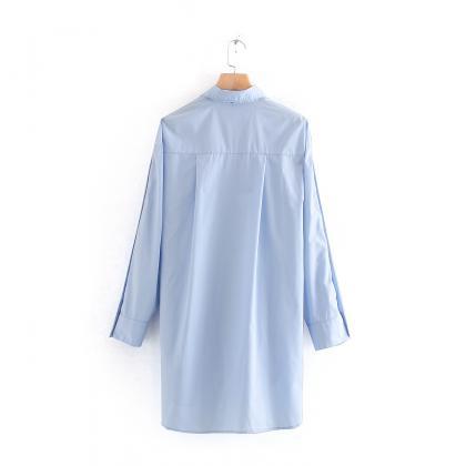 Women Spring Shirt Lapel Long Sleeve Pocket..