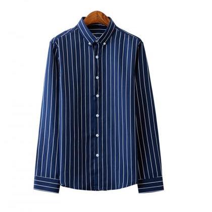 Men Casual Striped Shirt Long Sleev..