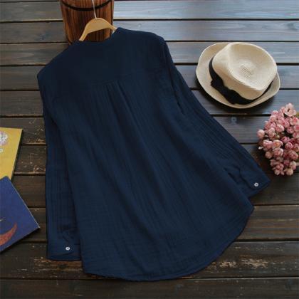 Women Blouse Solid Stand Collar Lon..