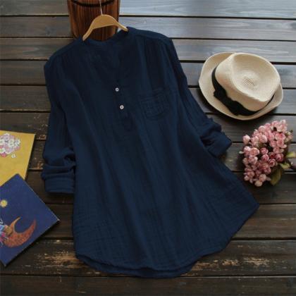 Women Blouse Solid Stand Collar Lon..