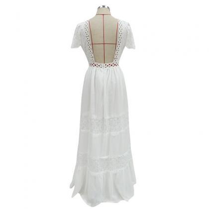 Boho Wedding Dress V Neck Short Sleeve Backless..
