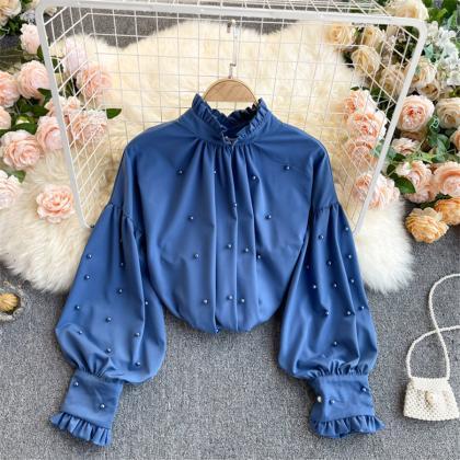 Beaded Ruffled Collar Shirt Women Cloth Lantern..