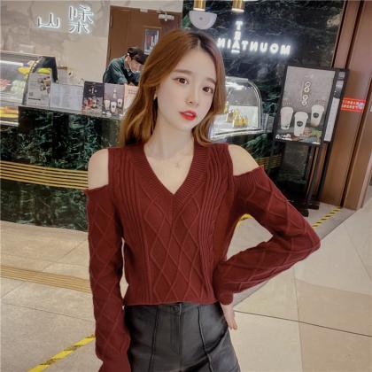 V-neck Off-the-shoulder Women Sweater Spring..