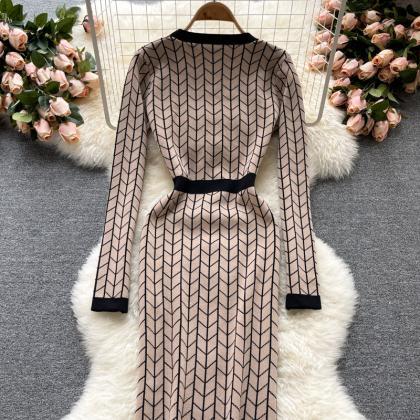 Women Design Plaid Knitted Dress Lo..