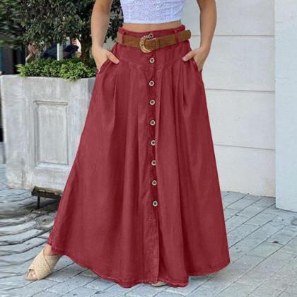 Fashion Autumn Maxi Skirts Women Button Sundress..