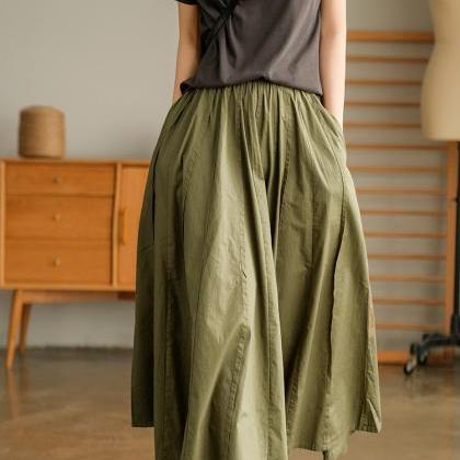 Women Cotton Solid Pleated Skirts Casual Elastic..