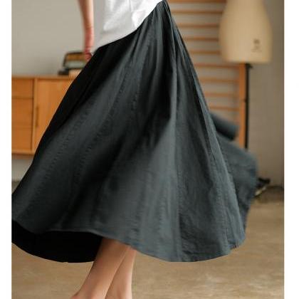 Women Cotton Solid Pleated Skirts Casual Elastic..