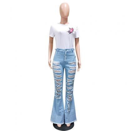Sexy Ripped Jeans Fringe Hollow Out Ruffle Flare..