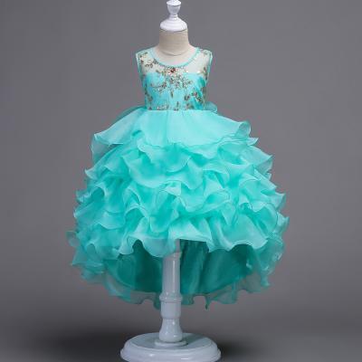 Short Front Long Back High Low Lace Flower Girls Dress Ruffles Junior Kids Tailing Party Pageant Gowns Children Clothes aqua