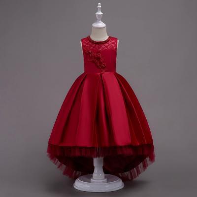 Princess Flower Girl Dress Lace High Low Wedding Birthday Party Tutu Gown Kids Clothes burgundy