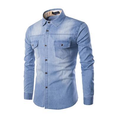 Mens Denim Shirt Cotton Two Pockets Male Long Sleeve Slim Fit Casual Jeans Shirt M-6xl light blue