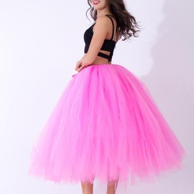 Women Puffy Tutu Skirts Long Tea Length Tulle Skirt Wedding Bridesmaid Lolita Under skirt deep pink