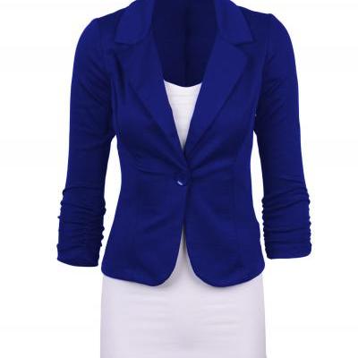 Fashion Spring Women Slim Blazer Coat Long Sleeve One Button Casual Suit Jacket Ladies Work Wear royal blue