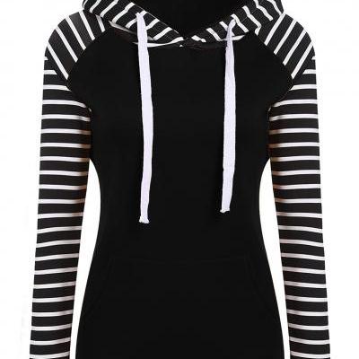 Spring Autumn Striped Fleece Hoodies Women Long Sleeve Pullover Streetwear Hooded Sweatshirt black