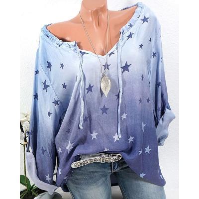 Spring Autumn Women Long Sleeve T-Shirt Star Printed Top Blouse Girls Loose Casual Shirt blue