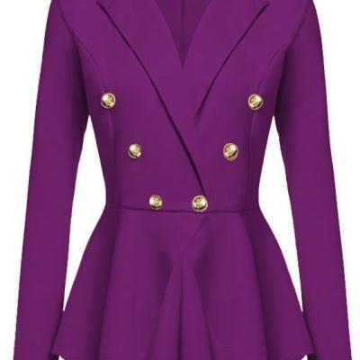  Women Slim Suit Coat Spring Autumn Metal Button Long Sleeve Double-Breasted Lady Blazer Work Wear purple