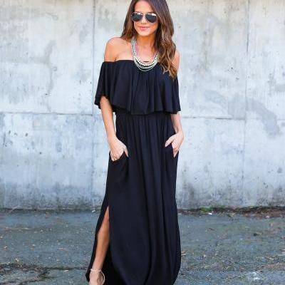 Black Off-the-Shoulder Ruffle Casual Summer Maxi Dress with Side Pockets and Side Slits